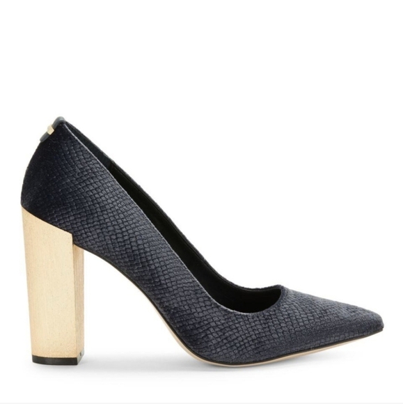 Calvin Klein | High Heel Shoes Womens Navy Velvet Gold Block Heel Pumps Neema - Picture 1 of 7